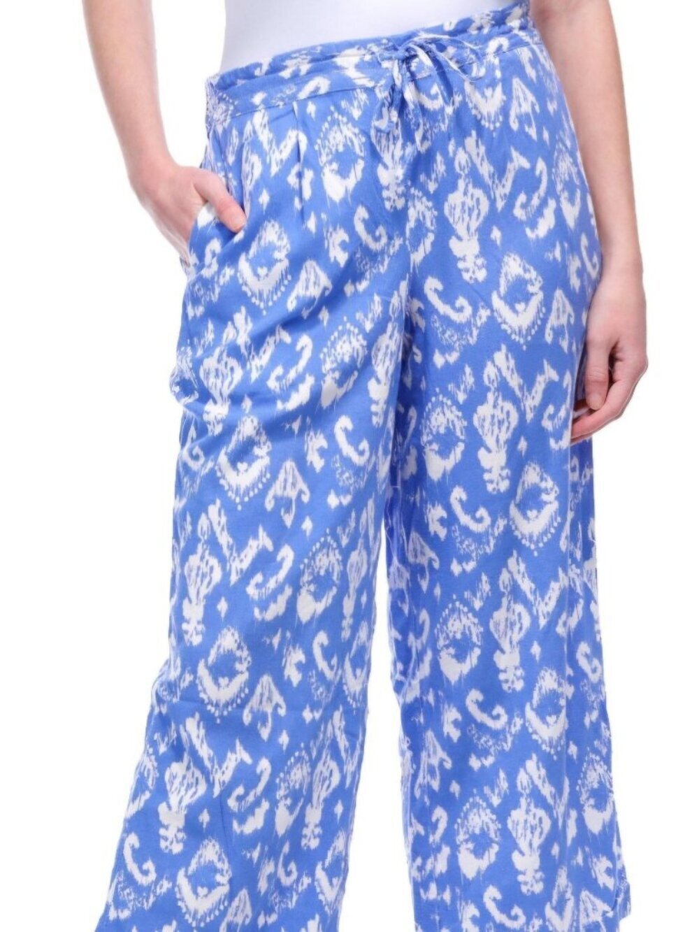 Wide leg Boho Beachy Resort drawstring blue white abstract Pockets crop pants L